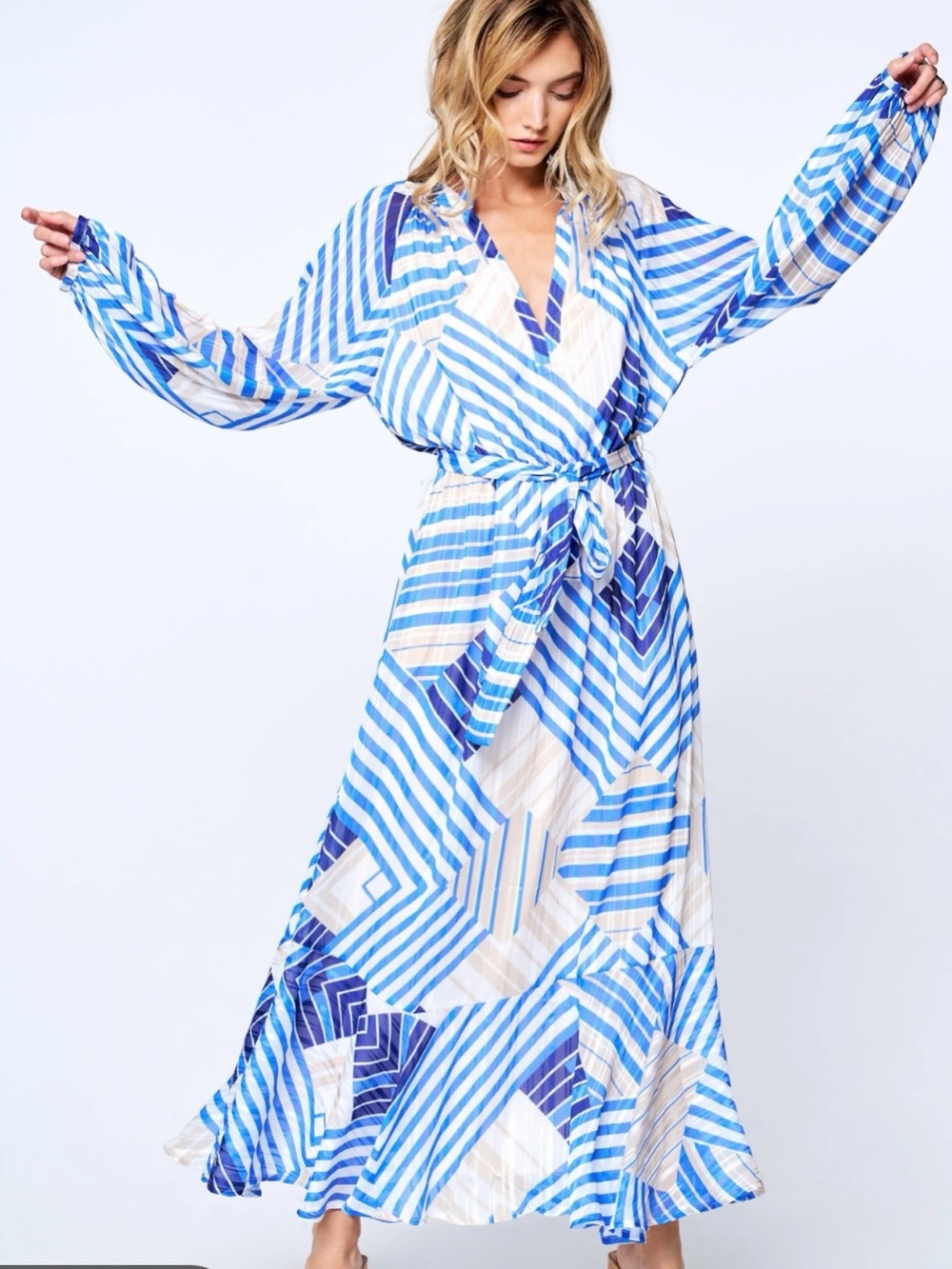 Blue and White Geometric Maxi Dress with Tie Waist